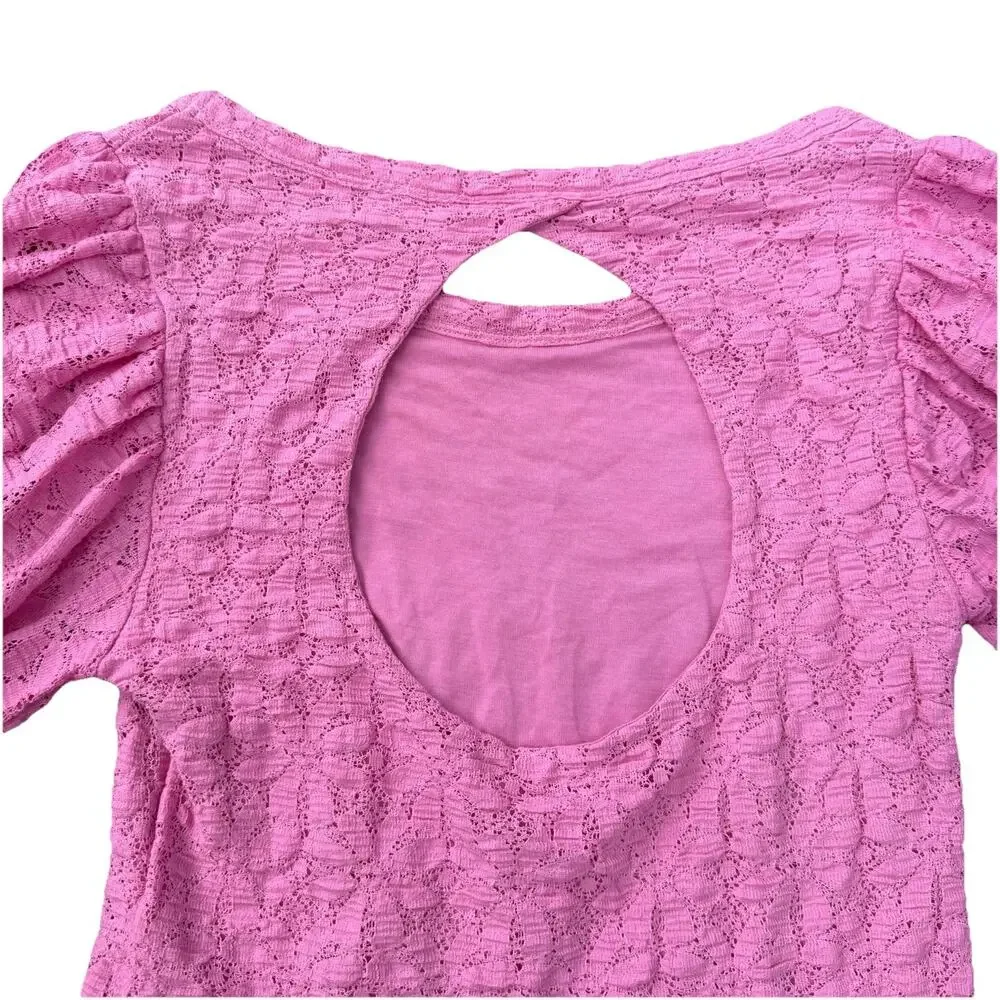 Free People Women's Tea Time Top Plumeria Pink Lace Small Stretch Balloon Sleeve
